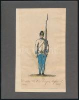 1773 Magyar gyalogos katona színezett rézmetszetű képe 16x9 cm