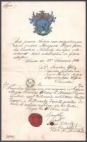 1848-1856 A Nádasdy család nemesség igazolása a család kézzel festett címerével. 22x36 cm