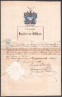 1891 gróf Batthyány Erzsébet nemesi címerének levéltári igazolás, a család kézzel festett címerével. 22x36 cm