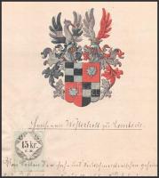 1858 A Westerholt-Lembeck család nemesi címerének levéltári igazolás, a család kézzel festett címeré...