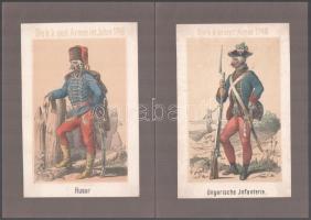 Az Osztrák-Magyar hadsereg katonai egyenruhái 12 db kőnyomat kartonon cca 1880 17x10 cm