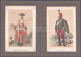 Az Osztrák-Magyar hadsereg katonai egyenruhái 12 db kőnyomat kartonon cca 1880 17x10 cm