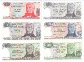 Argentína ~1970-1980. 1P + 5P + 50P (2xklf) + 100P + 500P T:I,I- Argentina ~1970-1980. 1 Peso + 5 Pesos + 50 Pesos (2xdiff) + 100 Pesos + 500 Pesos C:UNC,AU