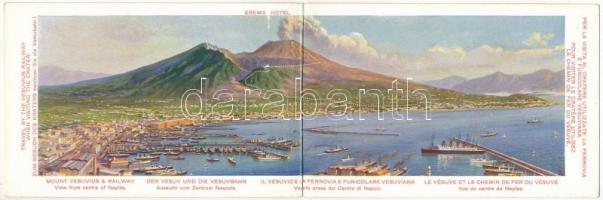 Naples, Napoli; Il Vesuvio e la Ferrovia e la Funicolare Vesuviana / Mount Vesuvius with Railway and Funicular. Travel by the Vesuvius Railway when visiting the crater. Tourist advertisement folding panoramacard
