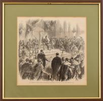 Ferenc József találkozása a magyar országgyűlés tagjaival (The emperor of Austria meeting the Hungarian parliament in the palace of Buda, Pesth). Litográfia, papír. M Jackson jelzéssel a litográfián. Üvegezett fa keretben. 24,5x24,5 cm