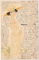 1902 Lady in yellow. Meissner & Buch Künstler-Postkarten Serie 1129. Moderne Madchen litho s: Raphael Kirchner (ázott / small wet damage)
