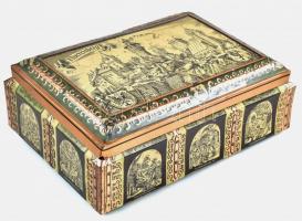 Nagyméretű fém doboz városi látképpel, kopásnymokkal, 41×29×15 cm