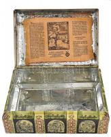 Nagyméretű fém doboz városi látképpel, kopásnymokkal, 41×29×15 cm