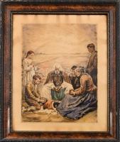 Révész Imre (1859-1945): Ima étkezés előtt. Színezett rézkarc, papír, jelzett. Lapon apró foltokkal. Üvegezett, kissé sérült fa keretben, 49×38 cm