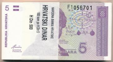Horvátország 1991. 5K (100x) sorszámkövetők F1 056701 - F1 056800, eredeti banki kötegelővel T:I,I-  Croatia 1991. 5 Kuna (100x) sequential serials F1 056701 - F1 056800 with original Bank wrapper C:UNC,AU
