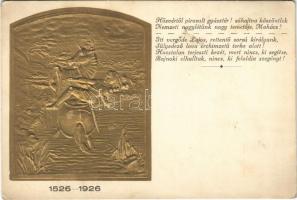 1526-1926 Mohácsi vész 400. évfordulójának dombornyomott emléklapja. A mohácsi síkon építendő Fogadalmi templom alapja javára. Kiss Gy. domborműve. Szeiler vésnök / 400th anniversary of the Battle of Mohács, charity card Emb. + So. Stpl.