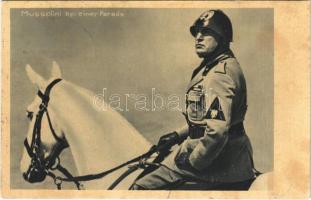 Mussolini bei einer Parade / Benito Mussolini, Italian National Fascist Party leader + Staatstreffen Mussolini-Hitler 1937 Berlin So. Stpl. (gyűrődés / crease)