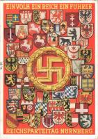 1938 Ein Volk, Ein Reich, Ein Führer. Reichsparteitag Nürnberg / Nuremberg Rally. NSDAP German Nazi Party propaganda, swastika, coat of arms + So. Stpl. (EK)