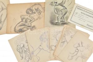 Ruszkay György (1924-1998): Erotikus / pornó grafikák 13 db pornó grafika vegyes technikával + 1 db ...