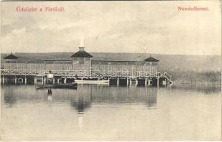 1908 Sopron, Fertő, Neusiedlersee; tó, cölöpház fürdő