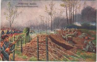 Drótsövény akadály / Stacheldraht-Hindernisse / WWI German and Austro-Hungarian K.u.K. military art postcard, barbed wire fence s: F. Höllerer (EK)