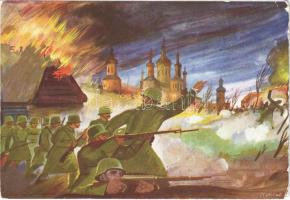 Birta Pál árkászszakasz-anyagkezelő tisztes utcai harcban járórével két ellenséges csoportot semmisített meg / WWII Hungarian military art postcard s: Jeges Ernő (EB)