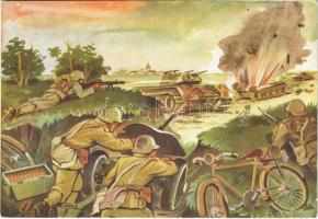 Pardi József tizedes, páncéltörő-ágyús rajparancsnok, kerékpárosok segítségével három ellenséges harckocsit tett ártalmatlanná / WWII Hungarian military art postcard (EK)