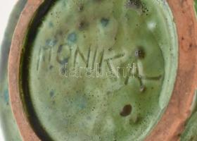 Mintás mázas kerámia kaspó, Monika jelzéssel, mázhibákkal, kis lepattanásokkal, m: 17 cm, d: 14,5 cm