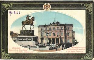 1911 Beograd, Belgrade; Monument du Prince Michel et le theatre national serbe / monument, theater. Art Nouveau frame with coat of arms