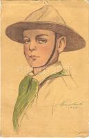 1927 Kiadja a Magyar Cserkészszövetség Nagytábortanácsa 1926. / Hungarian boy scout art postcard s: Márton L. (lyuk / pinhole)