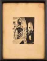 Vaszarics Gusztáv (?-?): Lépcsők, 1929. Tus, papír. Jelzett. Üvegezett fa keretben. 12,5x9 cm
