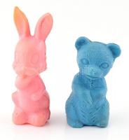 Retró műanyag kék mackó, és rózsaszín nyuszi figura, kopottak, m: 12 cm és 9 cm