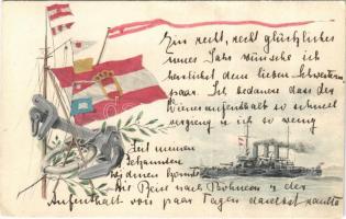 1911 K.u.K. Krigsmarine / Osztrák-magyar haditengerészet hadihajója és zászlói. Phot. Alois Beer 1908.