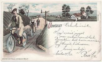 1899 (Vorläufer) Üdvözlet... Kerékpárosok / Greetings with cycling people. Schwidernoch Károly litho (EK)