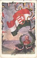1916 Erzherzog Josef / WWI Austro-Hungarian K.u.K. military art postcard, Viribus Unitis, patriotic propaganda with Archduke Joseph of Austria, Hungarian flag and coat of arms. O.K.W. 4019. (szakadás / tear)