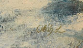 Oláh Lajos (?-): Havas vízpart. Olaj, falemez. Fa keretben, 30x40 cm