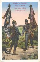 1915 Schulter an Schulter, Hand in Hand, Für Gott, Kaiser und Vaterland / WWI German and Austro-Hungarian K.u.K. military art postcard, patriotic propaganda. M. M. S.W. III/2. + Inf. Reg. No. 65. Bataillon (EK)