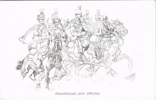 Honvédhuszár járőr 1892-ben. Honvédség története 1868-1918 / Austro-Hungarian K.u.K. military art postcard, hussar patrol in 1892 s: Garay (fa)