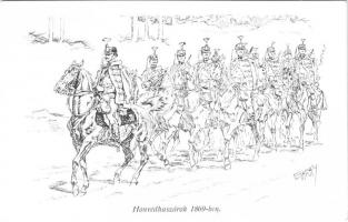 Honvédhuszárok 1869-ben. Honvédség története 1868-1918 / Austro-Hungarian K.u.K. military art postcard, hussars in 1869 s: Garay (EK)