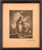 (Radványi)-Román Károly (1900-1957): Pásztorlány. Rézkarc, papír, jelzett, lap széle kissé foltos, üvegezett fa keretben, 15×12,5 cm