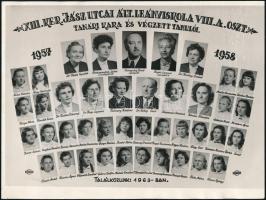 1958 XIII. ker. Jász utcai Ált. Leányiskola VIII. A. osztályos tanári kara és végzett tanulói, tablófotó, felületén apró foltokkal, 18x24 cm