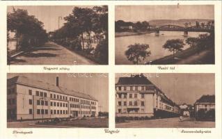 Ungvár, Uzshorod, Uzhhorod, Uzhorod; Ung-parti sétány, vasúti híd, Törvényszék, Szamovolszky utca / riverside promenade, railway bridge, court, street view