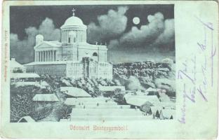 1907 Esztergom, Bazilika télen este a Holddal. Wallfisch S. kiadása (r)