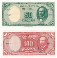 Chile 1960-1961. 50P hátlapon 5c felülbélyegzéssel + 100P hátlapon 100c felülbélyegzéssel T:I,I-  Chile 1960-1961. 50 Pesos with 5 Centesimos overprint on reverse + 100 Pesos with 10 Centesimos overprint on reverse T:UNC,AU