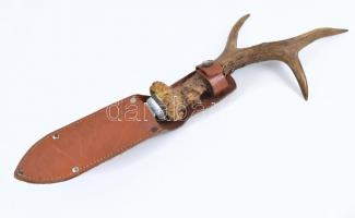 Milkov cseh vadászkés szarvasagancs nyéllel, bőr tokkal / . Hunting knife 39 cm
