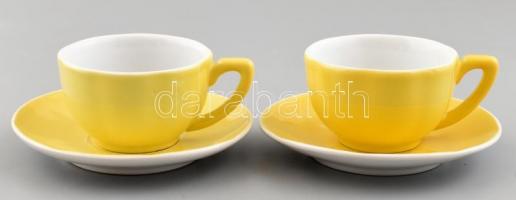 Zsolnay sárga porcelán mokkás csésze és alj, 2-2 db, kézzel festett, jelzett, kopásnyomokkal, m: 4 cm