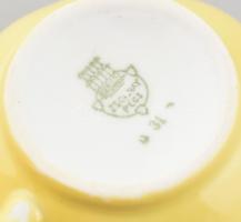 Zsolnay sárga porcelán mokkás csésze és alj, 2-2 db, kézzel festett, jelzett, kopásnyomokkal, m: 4 c...
