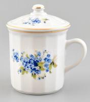 Bohemia virág mintás porcelán bögre fedéllel, matricás, jelzett, apró kopásnyomokkal, m: 12 cm, d: 8,5 cm