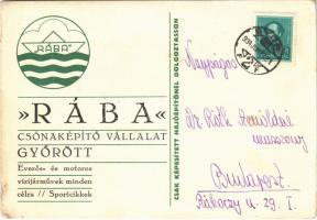 1934 Győr, &quot;Rába&quot; csónaképítő vállalat reklámlapja. &quot;Evezős- és motoros vízijárművek minden célra, sportcikkek. Csak képesített hajóépítőnél dolgoztasson&quot; (EB)