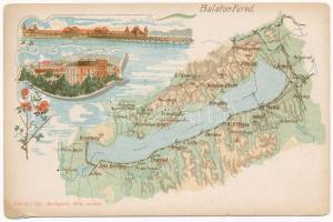 Balatonfüred, Balaton térkép, szálloda, villa, fürdő. Kiadja Károlyi Gy. Floral, Art Nouveau, litho (r)