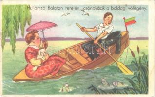 Balaton, Hullámzó Balaton tetején csónakázik a boldog vőlegény, humor (EB)