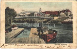 1905 Győr, Sétatéri híd, VIHAR csónak. Milanes Iván kiadása (EB)