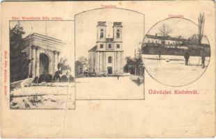 1904 Kisbér, Báró Wenckheim Béla szobra, Templom, Tó részlet télen. Koch Béla kiadása (fa)