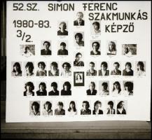 1983 Budapest, a Simon Ferenc Szakmunkásképző Iskola tanárai és végzős diákjai, kistabló nevesített portrékkal, vintage NEGATÍV, 5x6 cm
