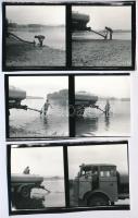 cca 1978 A Dunából vizet tankoló locsoló autó, 6 db jelzés nélküli vintage fotó Magyar Alfréd budapesti fotóművész anyagából, 6x6 cm